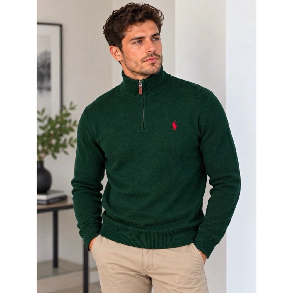 Polo Ralph Lauren Men's M Green Cotton Knit 1/4 Zip Mock Neck Logo Sweater Pima